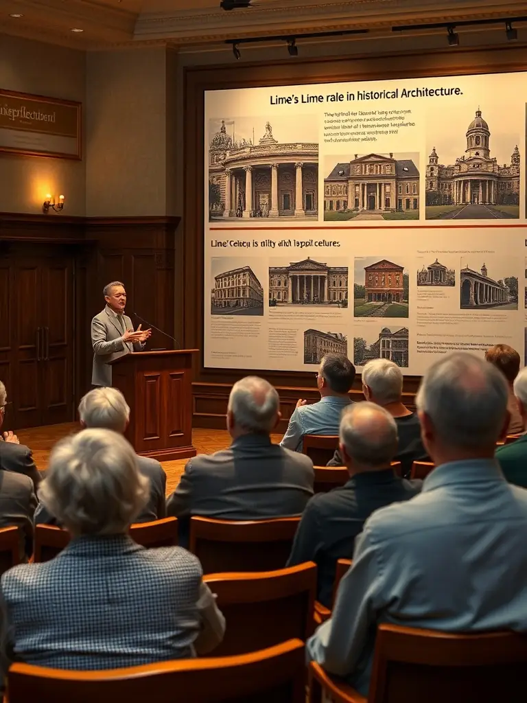 A photo of a special event at the museum, featuring a guest speaker discussing the historical significance of lime in architecture.