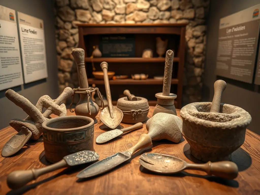 A detailed image of a museum exhibit showcasing historical tools and artifacts used in lime production and construction.