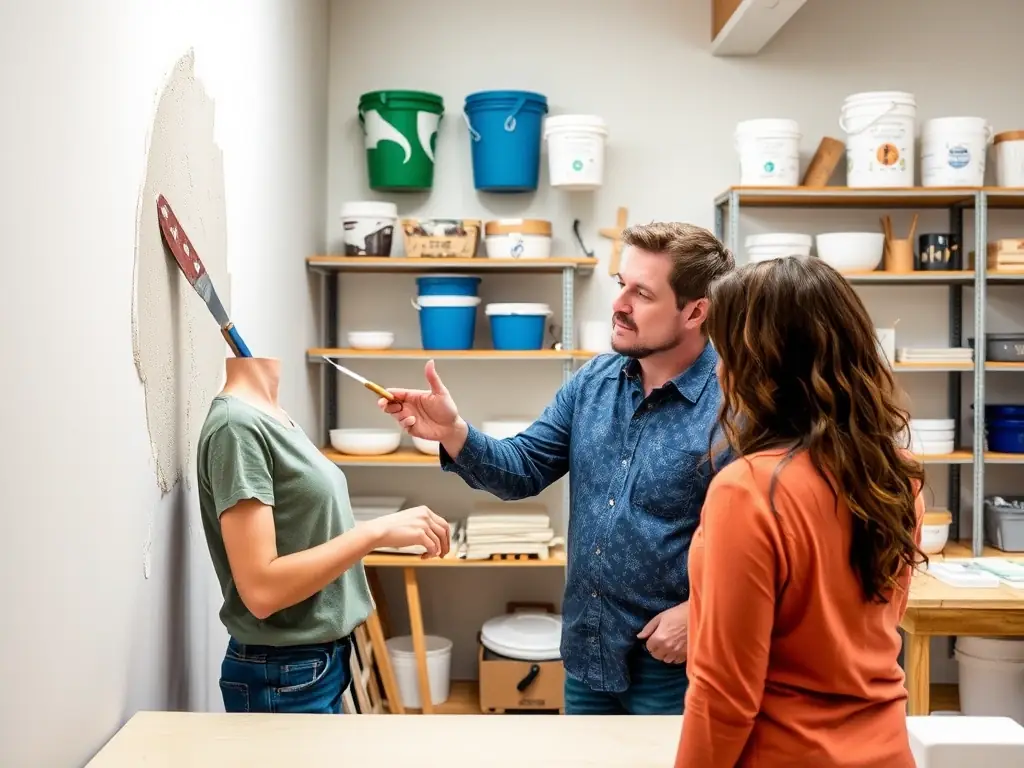 A photograph of visitors participating in a hands-on lime plastering workshop at the museum, showcasing the practical applications of lime.
