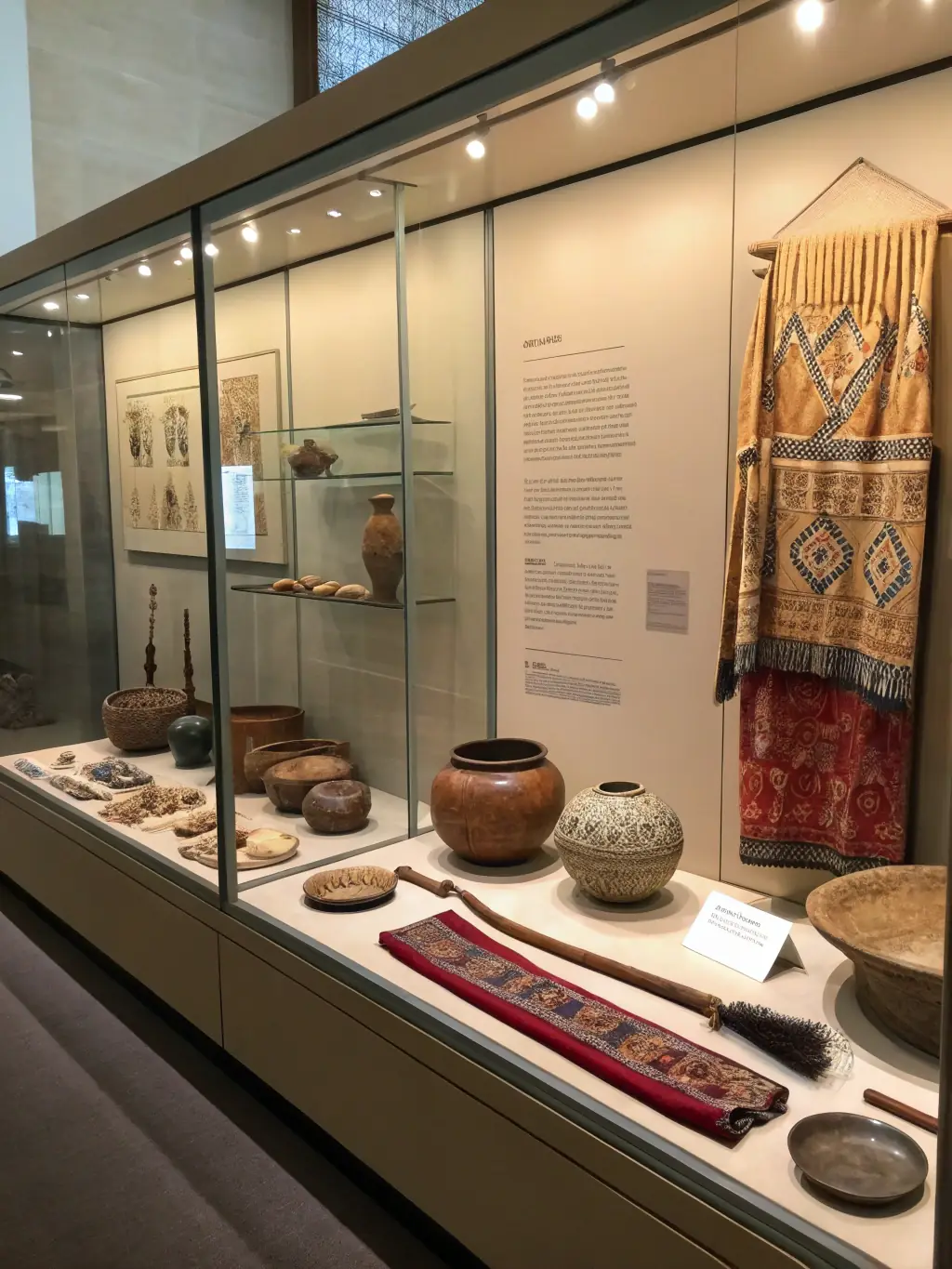 A photograph of the museum's main exhibit hall, showcasing various tools and artifacts related to lime production and usage, with visitors observing the displays.