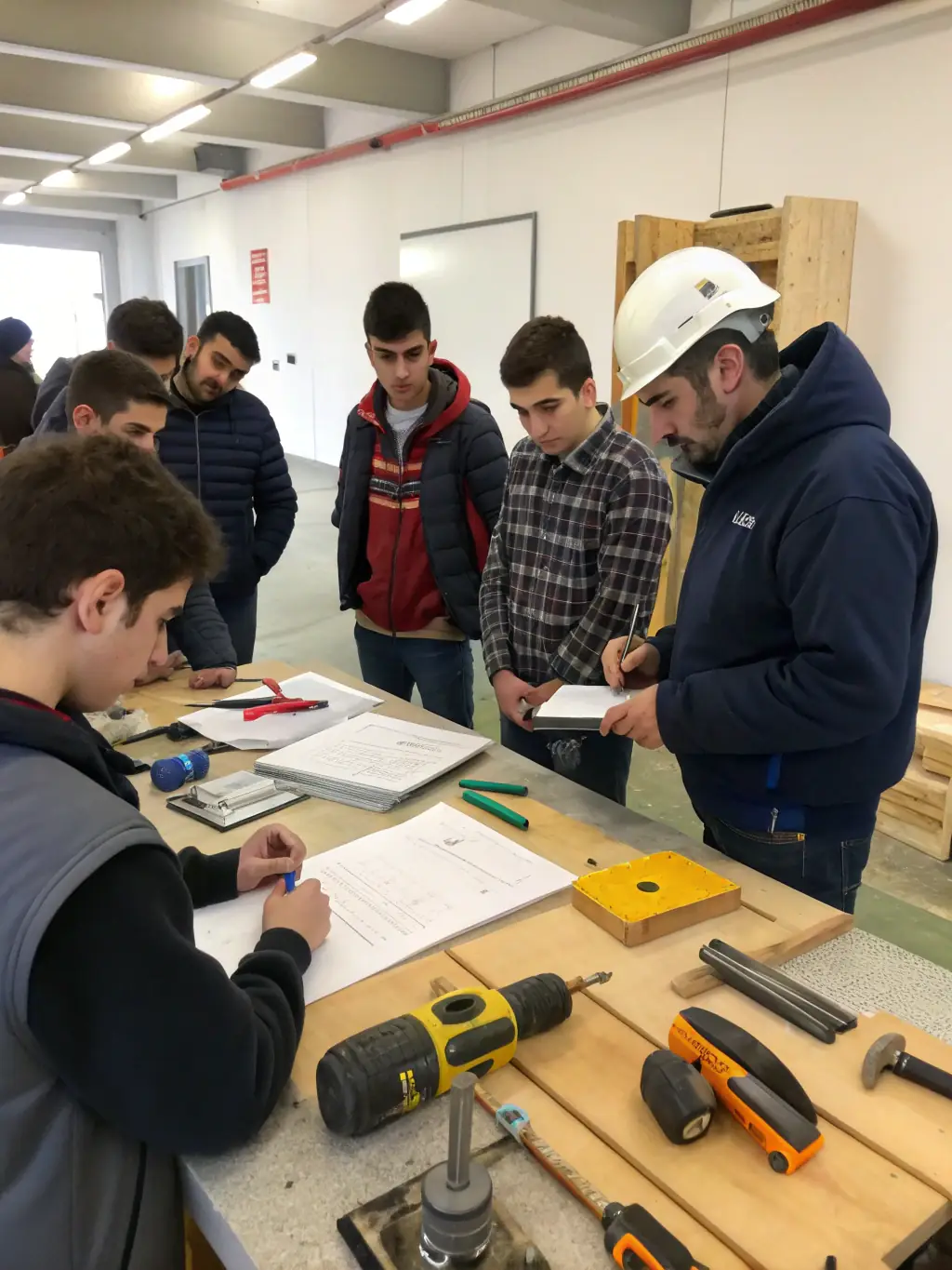 A group of students participating in a hands-on workshop, learning about traditional lime plastering techniques from a skilled artisan.