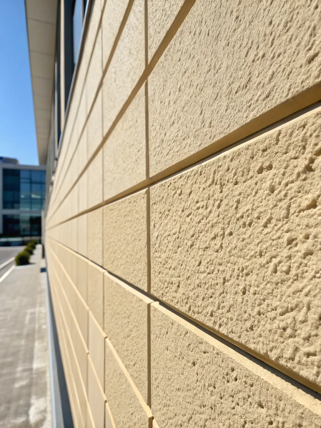 A close-up shot of a restored historical building facade, highlighting the use of lime mortar and plaster in its construction.